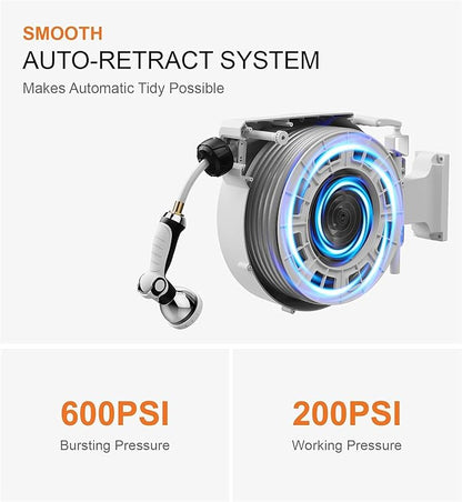 150 FT x 1/2" Retractable Garden Hose Reel by HOZEREEL, Outdoor Garden Hose Reels - Automatic Self Retract Wall Mount Hose Reel Enclosed Storage, Any Length Lock, 10 Pattern Nozzle-Grey