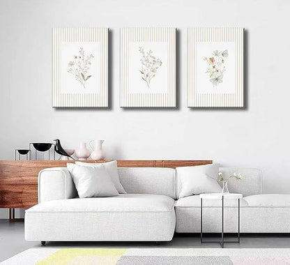 3Psc Striped Floral Canvas Wall Art Neutral Minimalist Flower Painting Picture Wall Decor Boho Vintage Wildflower Poster Print Artwork for Living Room Bathroom Home Decoration12x16 Inch