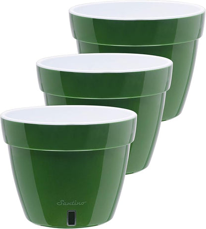DECOPOTS - 3 Pack - Self Watering Planter - Modern Flower Pot with Water Level Indicator for All House Plants, Flowers, Herbs - Height 9 inches (Diameter 11.8", Green - Gold/White)
