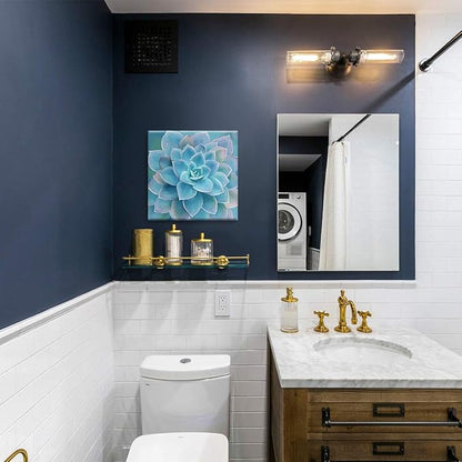 Blue Succulents Bathroom Decor Wall Art Framed Modern Popular Wall Plants Decorations Canvas Prints Artwork Wall Decor for Bedroom Blue Flower Pictures Size 14x14 inch Easy to Hang