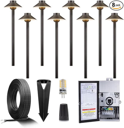 Gardenreet Brass Low Voltage Pathway Lights Kit(8 Pack) 12V LED with 150W Low Voltage Transformer and Mechanical Timer and 100 Feet Wire and 40Pack Connectors for Outdoor House Garden Sideway