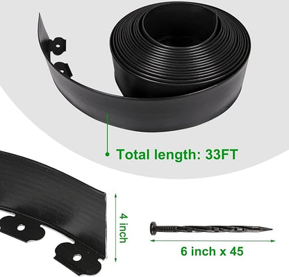 4 Inch Tall Garden Edging Border 33FT with 45pcs Spikes, Plastic Edging Border for Landscaping, Lawn, Garden, Flower Beds, Paver, Pathway