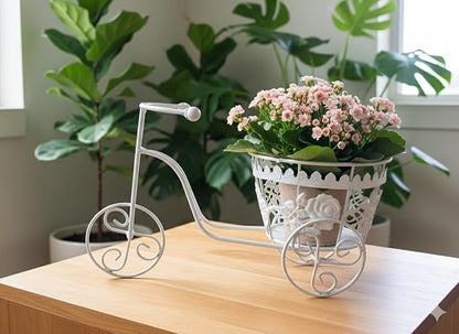 White Metal Antique Finish Mini Cycle Planter | All-Season Decorative Planter for Indoor & Outdoor Plants | Shabby Chic Garden Decor for Patio, Porch & Backyard | Thoughtful Gift