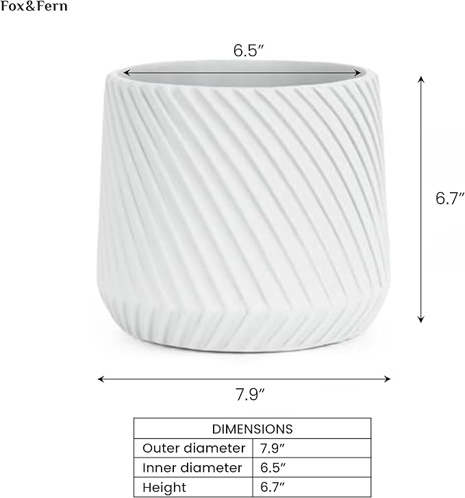 Fox & Fern 8 Inch Plant Pot with Drainage Plug — Premium Polystone White Plant Pot; Modern Planter with 3D Texture and Ceramic Finish; 8 Inch Pots for Plants Indoor & Outdoor; Lightweight