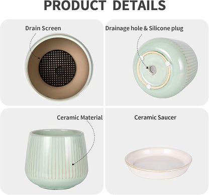 3.5 Inch Ceramic Succulent Planter Pots with Drainage Hole and Saucers, Small Glazed Ceramic Plant Pots for Indoor Flowers, Herbs, Cactus, Outdoor Plants, Green, Set of 4 (Plants Not Included)