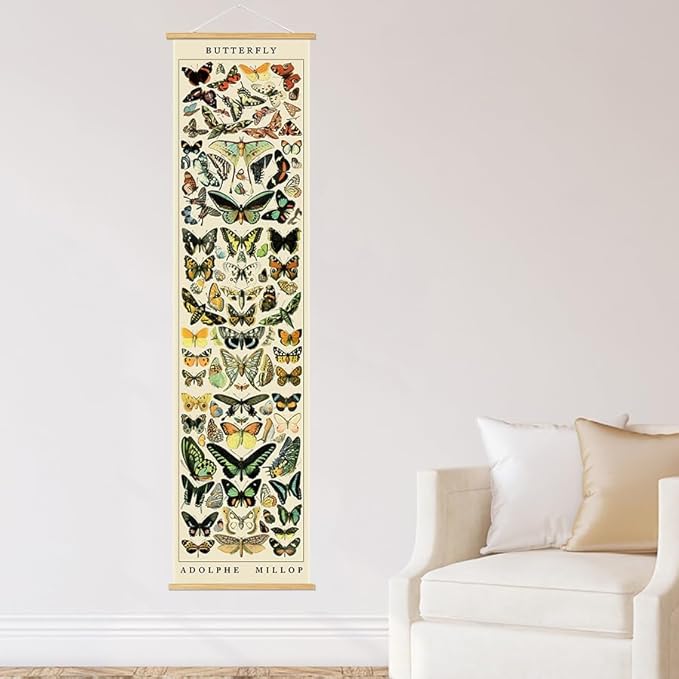 BAEMEFLE Vintage Flowers Poster Hanger Frame, Plant Floral Reference Chart Wall Decor Cottagecore Room Decor Aesthetic, Retro Style Wall Decor Art Painting Prints. (Long Butterfly, 63L x 16W)