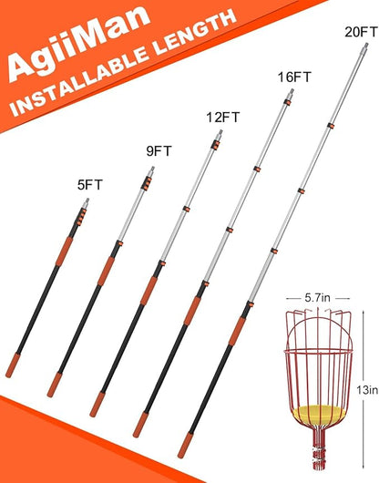 AgiiMan 5 to 20 FT Fruit Picker Pole - Reach to 26 FT Fruit Picker with Telescopic Extension Pole, Lightweight and Sturdy Aluminum Telescopic Pole, Easy to Assemble Fruit Picking Basket