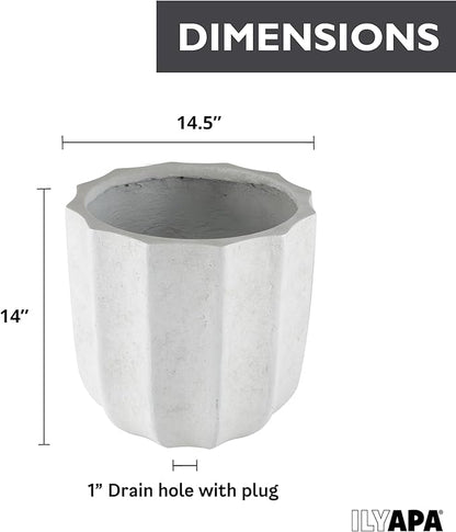Ilyapa 14 Inch Tall Modern Concrete Planter - 14.5x14 Inch Outdoor/Indoor Plant Pots with Drainage - Cement Vase Planters for Plants, or Tree