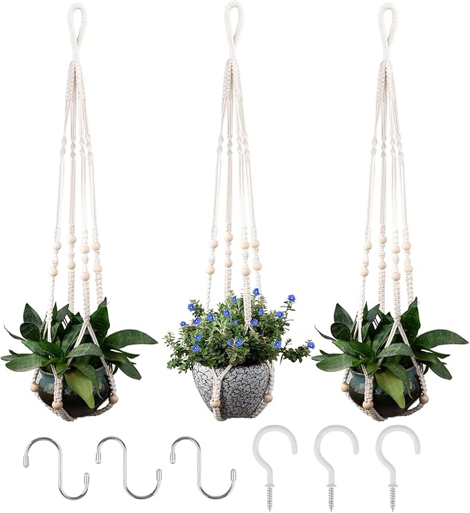RIFNY Macrame Plant Hanger for 5 to 10 Inch Plant Pots, 35 Inch Indoor Handmade Woven Rope Hanger Kits with Hooks and Wood Beads, Hanging Planter Basket Holder for Boho Home Decor (White, 3 Pack)