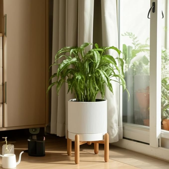 8 Inch Ceramic Planter with Natural Wood Stand w/Drainage & Saucer - Modern Indoor Planter for Cacti, Snake Plants & Aloe Vera