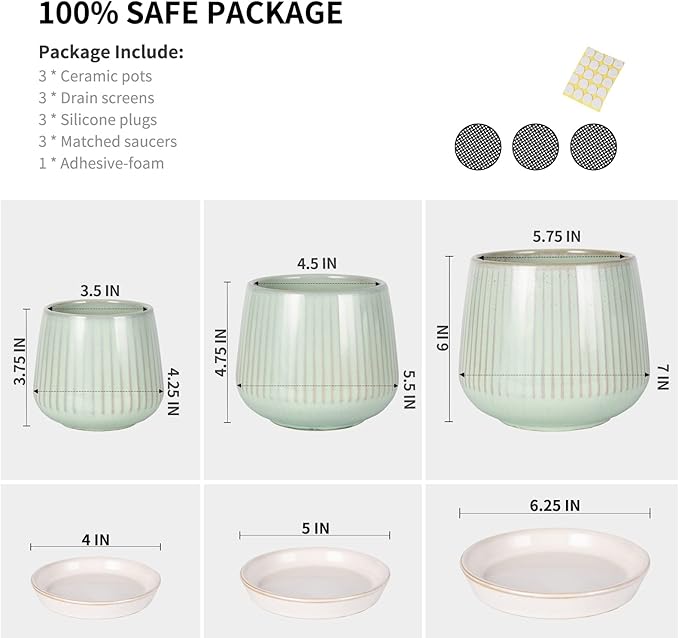 TAMAYKIM 4.25 + 5.5 + 7 Inch Ceramic Plant Pots with Drainage Holes and Saucers, Small to Large Planter Sets for Plants, Succulent, Cactus and Herbs, Green, Set of 3