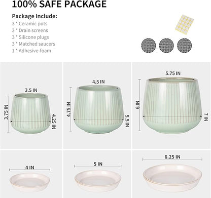 TAMAYKIM 4.25 + 5.5 + 7 Inch Ceramic Plant Pots with Drainage Holes and Saucers, Small to Large Planter Sets for Plants, Succulent, Cactus and Herbs, Green, Set of 3