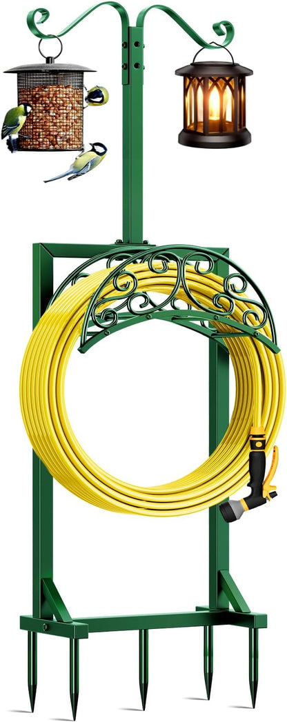 Garden Hose Holder - Upgraded Water Hose Holders for Outside with 5 Spikes & 2 Shepherds Hooks, Freestanding Hose Stand Hose Hanger Hose Storage Hose Reel Rack for Yard Lawn(Green)