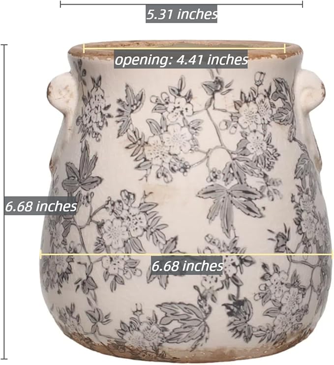 Planters for Indoor Plants, Vintage Ceramic Pots for Plant, Rustic Tuscan Vase & Decor, Plant Pots w/Drainage, 6.68in. Flower Pot & Ceramic vase, Grandma Gifts, Home Decor, Rustic Grey