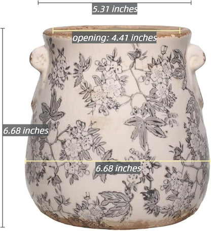 Planters for Indoor Plants, Vintage Ceramic Pots for Plant, Rustic Tuscan Vase & Decor, Plant Pots w/Drainage, 6.68in. Flower Pot & Ceramic vase, Grandma Gifts, Home Decor, Rustic Grey