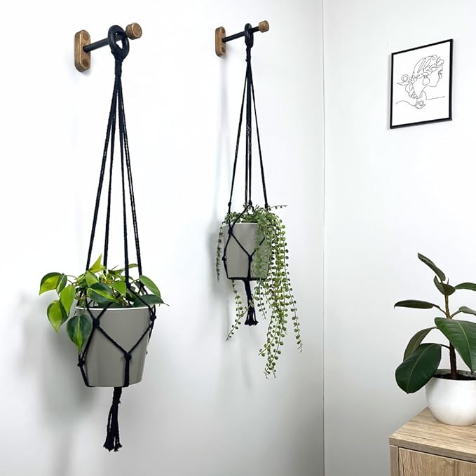EvenWood 2-Piece Set of Wooden Plant Hooks for Wall with Sturdy Metal Tube - Plant Wall Hanger for Pots, Flower Brackets - Bracket Plant Hanger for Indoor and Outdoor Decorations (Walnut, 6 Inch)