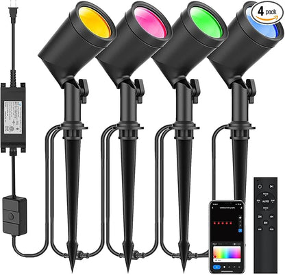 ZYAN Smart RGB Color Changing Outdoor Landscape Spot Lights, APP Control and Remote Control, Alexa Compatible, Music Sync, Timer, IP65 Waterproof for Garden Yard Pathway, 4 Pack