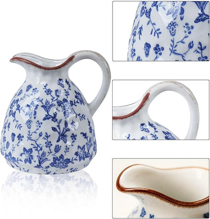 Blue and White Ceramic Vase with Handle – 7.28 Inch Vintage Crackle Glaze Pitcher Style Flower Vase, Chinoiserie Tuscan Decorative Jug for Shelf, Desk, Home Decor