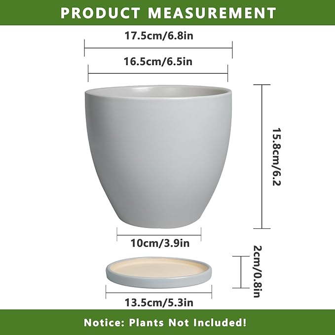 6.8 Inch Planter - Ceraimc Pots for Indoor Outdoor Plants Round Planters Modern Flower Pot with Drainage and Tray Home Garden Decor Gray