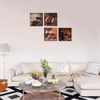 4 Pcs Red Wine Canvas Wall Art Framed Modern Red Wine Goblets Art Posters Retro Pictures Wall Decor Vintage Glass Cups Canvas Decoration Artwork for Walls Home Dining Salon Bar