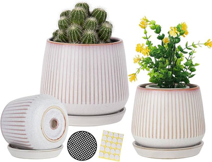 TAMAYKIM 7 + 5.5 + 4.25 Inch Ceramic Plant Pots with Drainage Hole and Ceramic Tray, Adorable Pink Flower Planter Pot Sets for Indoor Outdoor Plants, Succulent, Snake Plants, Cactus & Herbs, Set of 3