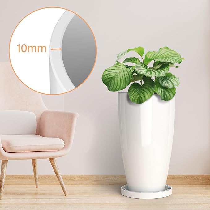 ZMTECH 21 Inch Tall Planters for Outdoor Plants Set of 2 Large Outdoor Planters for Outside Round Plant Pots Plastic Flower Pots with Drainage Holes for Front Porch Patio Garden, White