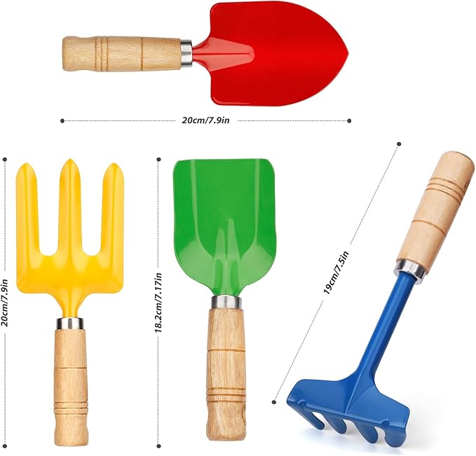 Anzmtosn Kids Metal Garden Tool Set Sand Toy, Rake, Spade, Hoe and Leaf Rake, Beach Shovels Scoop Toy, Essential Toddler Sandbox Kit Beach Gear Accessories Outdoor Gardening, 4 Pack