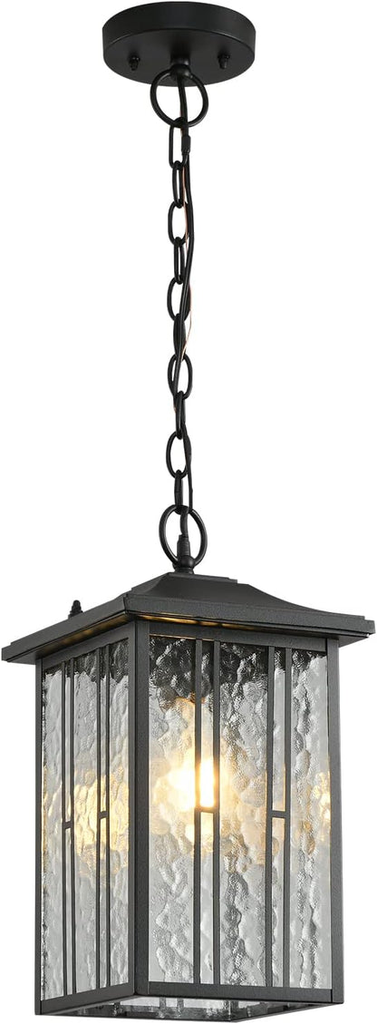 Outdoor Pendant Light, Black Exterior Hanging Lights, LED Outdoor Chandelier, Modern Hanging Lantern for Porch, Ceiling Entry Porch Patio Matte Black with Water-Rippled Glasses