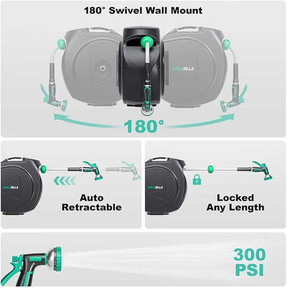 Retractable Garden Hose Reel - 5/8 in x 100 ft Automatic Wall Mount Heavy Duty Automatic Water Hose Reel with 9 Patterns Nozzle, Kink-Resistant Hose, 180° Swivel, Auto-Lock for Outdoor Watering