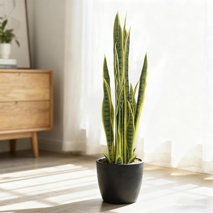 3FT-2PCS Artificial Snake Plant, 32 PVC Lifelike Leaves, 35in Faux Sansevieria for Indoor Home & Garden Decor, Potted Mother-in-Law's Tongue Plants, Yellow
