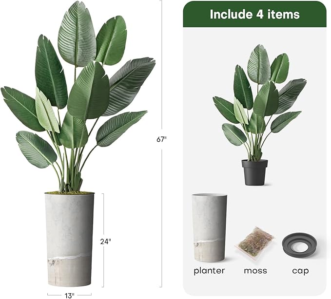 Artificial Tree in Gray Tan Watercolor Abstract Planter, Fake Bird of Paradise Silk Tree for Indoor and Outdoor Home Decoration - 67" Overall Tall (Plant Pot Plus Tree)