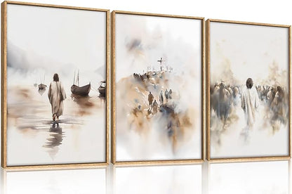 Ausril Jesus Framed Canvas Wall Art Set,Christian Bible Wall Decor, Minimalist Boho Christian Wall Painting, Retro Christmas Generic The Cross Art Prints for Living Room Bedroom, Church -24"x36"x3
