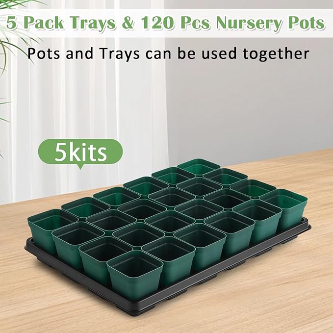 2.8 inch (7CM) Square Nursery Pots 120pcs (Green) and 24 Cell Nursery Pots Trays 5 Pack, Plastic Seedling Starter Tray with Drain Holes for Carrying and Holding Plant Pot(17"x11"x1.6")