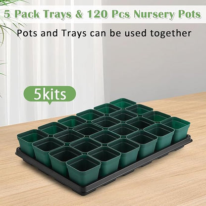 2.8 inch (7CM) Square Nursery Pots 120pcs (Green) and 24 Cell Nursery Pots Trays 5 Pack, Plastic Seedling Starter Tray with Drain Holes for Carrying and Holding Plant Pot(17"x11"x1.6")