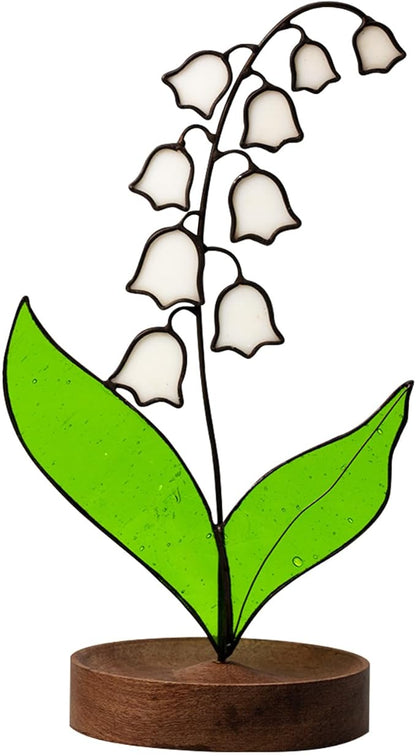 Lily of Valley Stained Glass Decor, Handmade Real Stained Glass Lily of Valley Flower Suncatchers with Walnut Wood Base, Cute Desk Windowsill Decor Plant Gifts for Women,Mom,Plant Lovers (White)