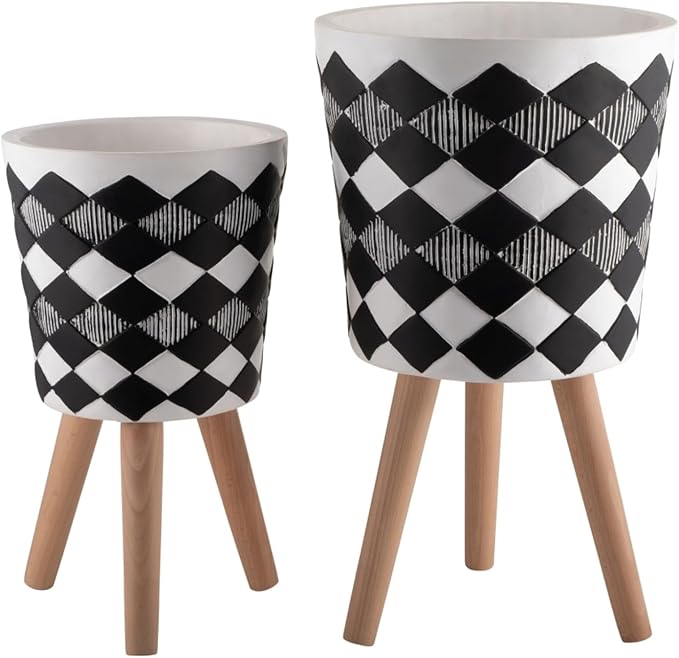 10/12" Set of 2 Geometric Planters for Outdoor and Indoor, Resin & Wood Mid-Century Modern Plant Pots with Stands for Garden and Home Decor, Herb, Succulent & Flower Pot