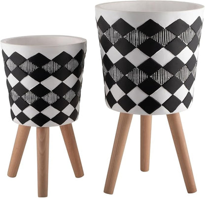 10/12" Set of 2 Geometric Planters for Outdoor and Indoor, Resin & Wood Mid-Century Modern Plant Pots with Stands for Garden and Home Decor, Herb, Succulent & Flower Pot