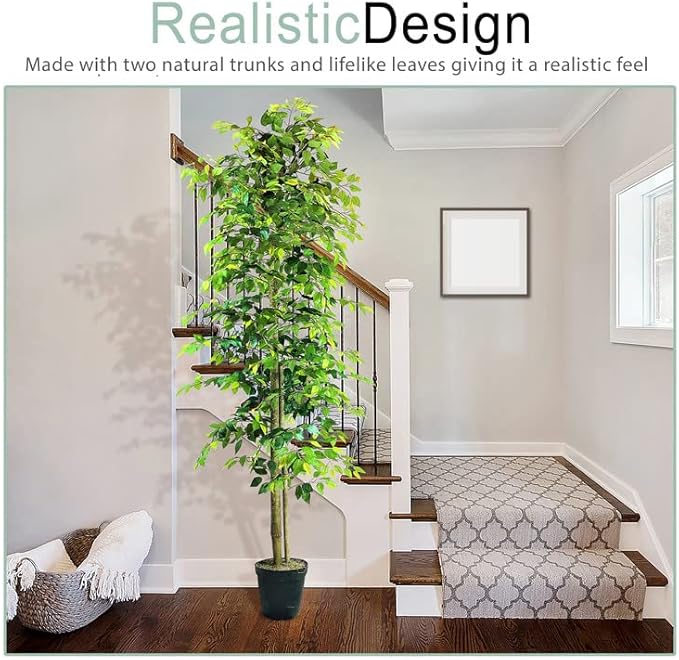 10ft Artificial Ficus Tree in Black Plastic Pot - Real Wood Trunk, Preassembled, No Maintenance Indoor Faux Plant - Living Room, Home & Office Decor