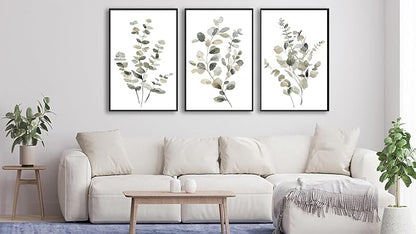 Large Framed Botanical Wall Art - Eucalyptus Leaf Wall Decor 20"x28" Set of 3 Taupe Simple Life Painting Prints Minimalist Farmhouse Plant Canvas Pictures for Living Room Bedroom Office Artwork