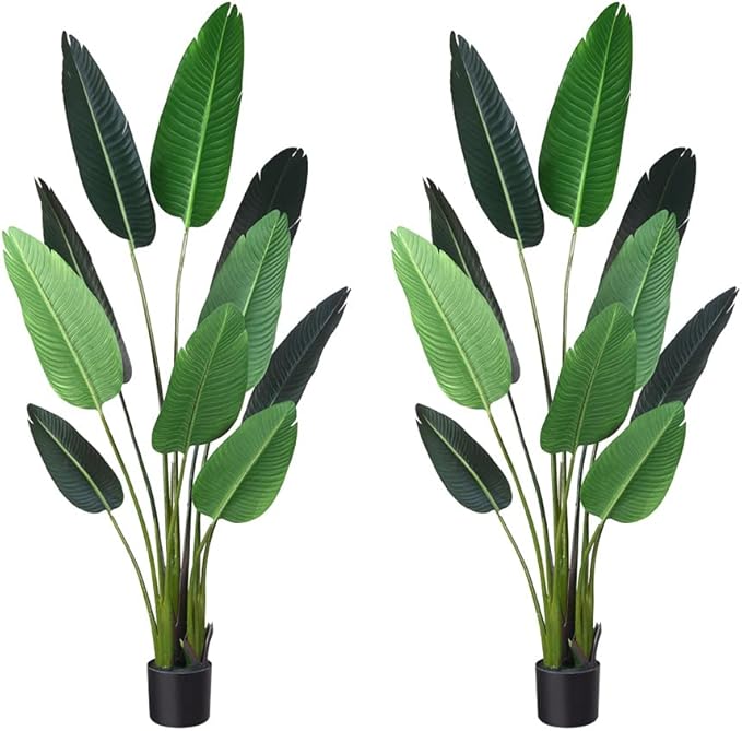 Fopamtri Artificial Bird of Paradise Plant Fake Tropical Palm Tree for Indoor Outdoor, Perfect Faux Plants for Home Garden Office Store Decoration, 5 Feet-2 Pack