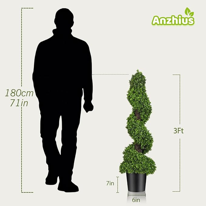 Artificial Boxwood Topiary Trees for Outdoor Front Door, Porch, Garden - 3 ft Tall Spiral Faux Shrubs Plants with Ceramic Planters, Fake Tree Potted for Indoor Home Office Decor, Set of 2