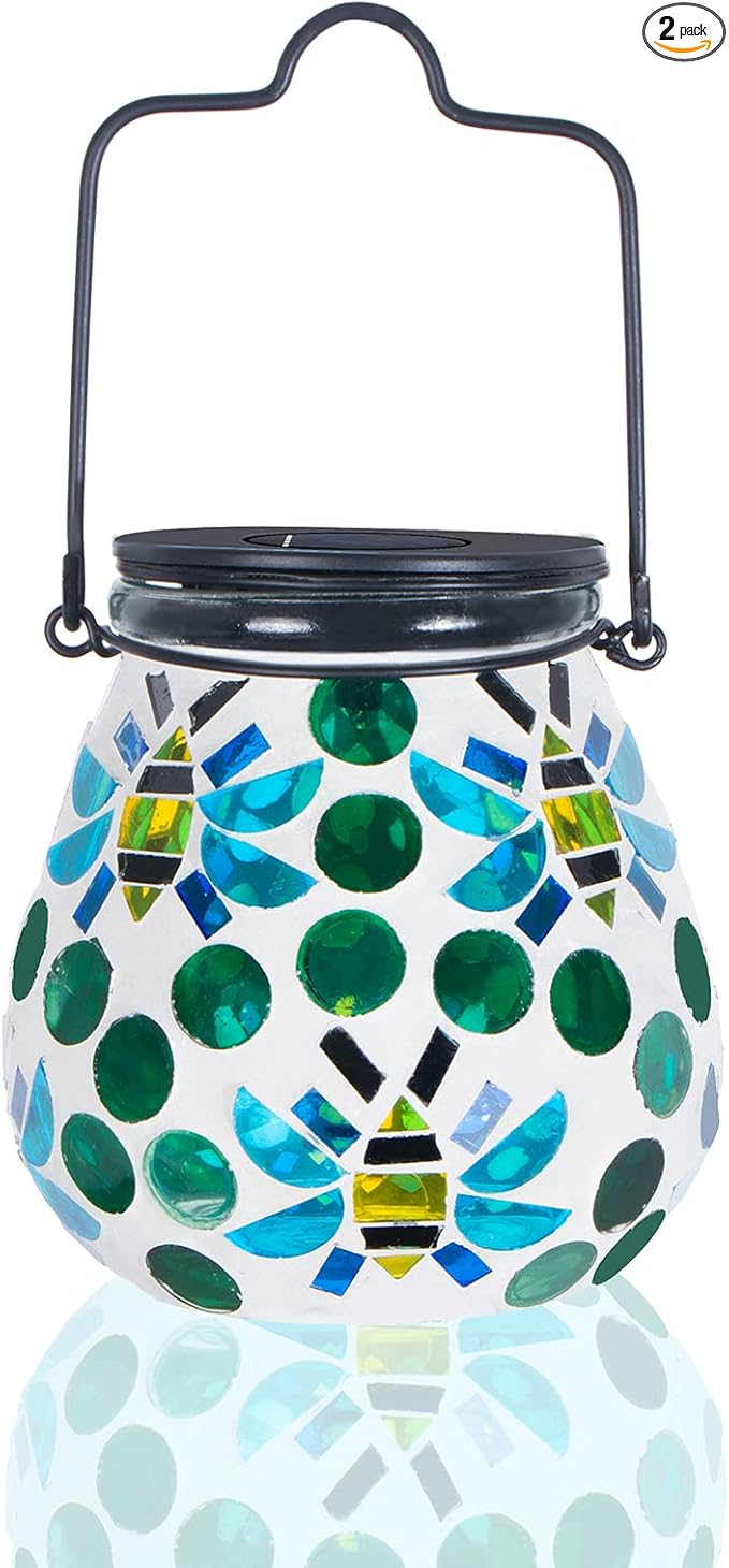 Afirst Mosaic Outdoor Lanterns - Glass Solar Hanging Lights Bee Hollow Out Waterproof Outdoor Decorative for Garden, Patio, Holiday Party Outdoor Decoration
