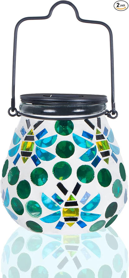 Afirst Mosaic Outdoor Lanterns - Glass Solar Hanging Lights Bee Hollow Out Waterproof Outdoor Decorative for Garden, Patio, Holiday Party Outdoor Decoration
