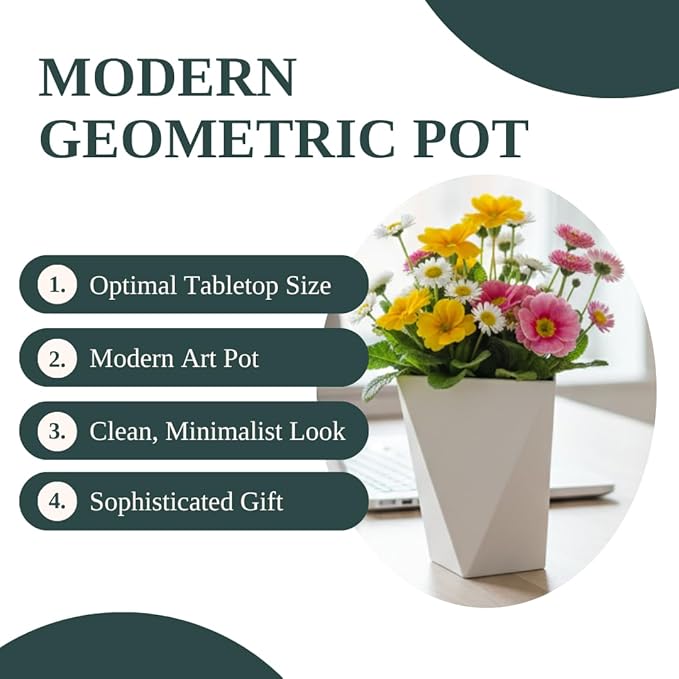CZ Grain Modern White Geometric Tapered Planter | Minimalist Design for Succulents, Herbs & Small Plants | Hostess, Holiday or Coworker Gift | Indoor Flower Pot | Designer Aesthetic 6.6"x8.3" (5)