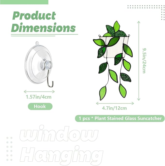 Green Plant Stained Glass Window Hanging,Handcrafted Real Stained Glass Panel Plant Suncatchers for Home Indoor Window Decor, Gifts for Plant Lovers,Women,Mother's Day,Christmas Day