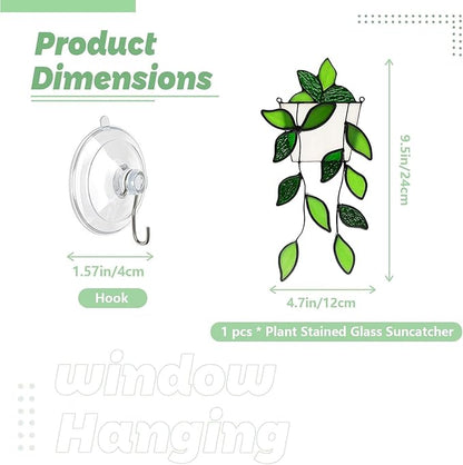 Green Plant Stained Glass Window Hanging,Handcrafted Real Stained Glass Panel Plant Suncatchers for Home Indoor Window Decor, Gifts for Plant Lovers,Women,Mother's Day,Christmas Day