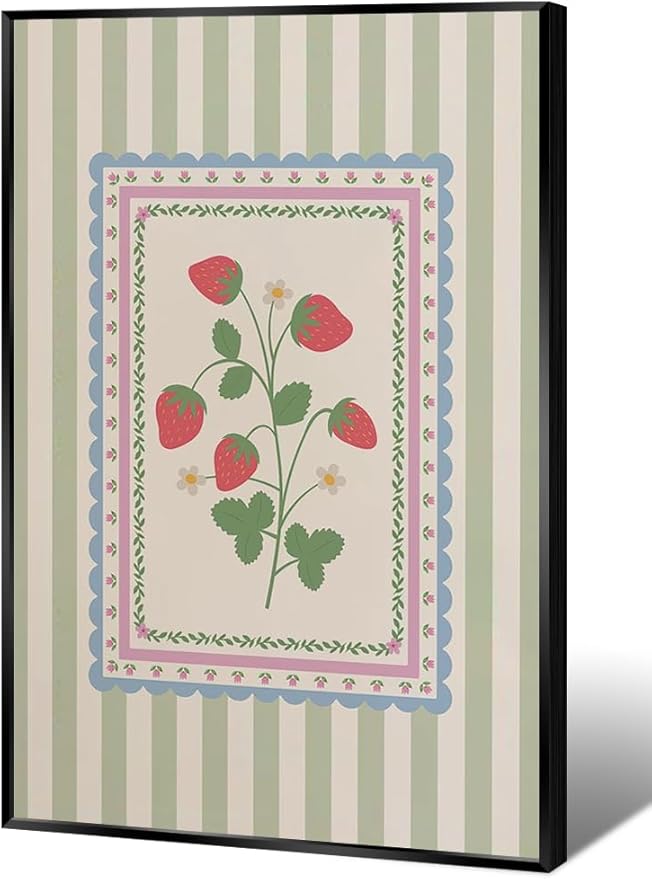 Vintage Green Striped Strawberry Canvas Prints Painting Trendy Botanical Flowers Posters Cute Fruit Cottagecore Wall Art Farmhouse Boho Aesthetic Pictures Decor for Kitchen 24x36inch Metal Black Frame