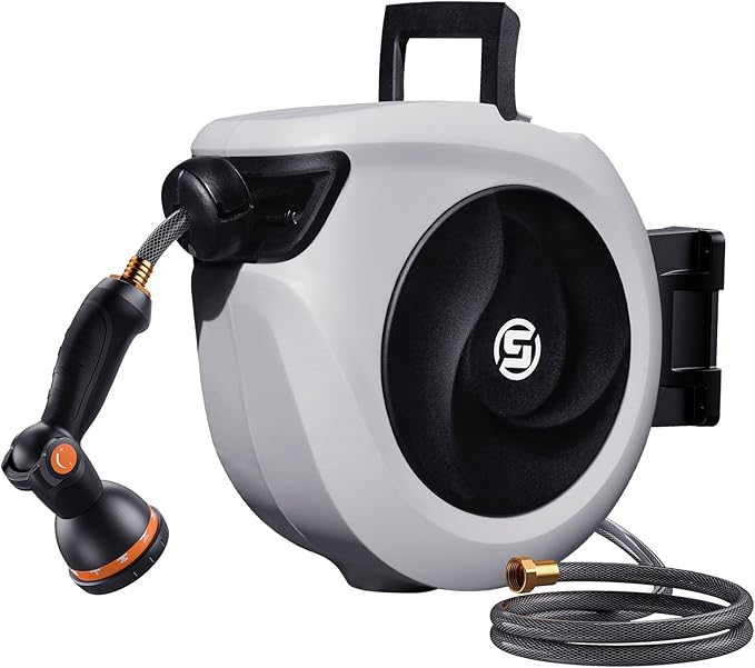 SUNPOW Retractable Garden Hose Reel 1/2 Inch x 33ft - Wall Mounted Lightweight Hose Reel with 3/4 Inch Brass Fittings & 10-Pattern Nozzle - Auto Rewind System, Any Length Lock, 180° Swivel Bracket