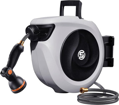 SUNPOW Retractable Garden Hose Reel 1/2 Inch x 33ft - Wall Mounted Lightweight Hose Reel with 3/4 Inch Brass Fittings & 10-Pattern Nozzle - Auto Rewind System, Any Length Lock, 180° Swivel Bracket