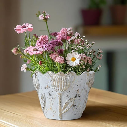 5.63" Rustic Cement Plant Pot Succulent Planters for Outdoor/Indoor Plants Vintage Tulip Planter Pot Cylinder Round Flower Pot for Succulent/Herbs/Violets, Home Garden Balcony Decor White